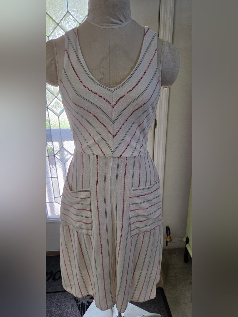 Monteau Cream Midi Dress with Red and Navy Stripes